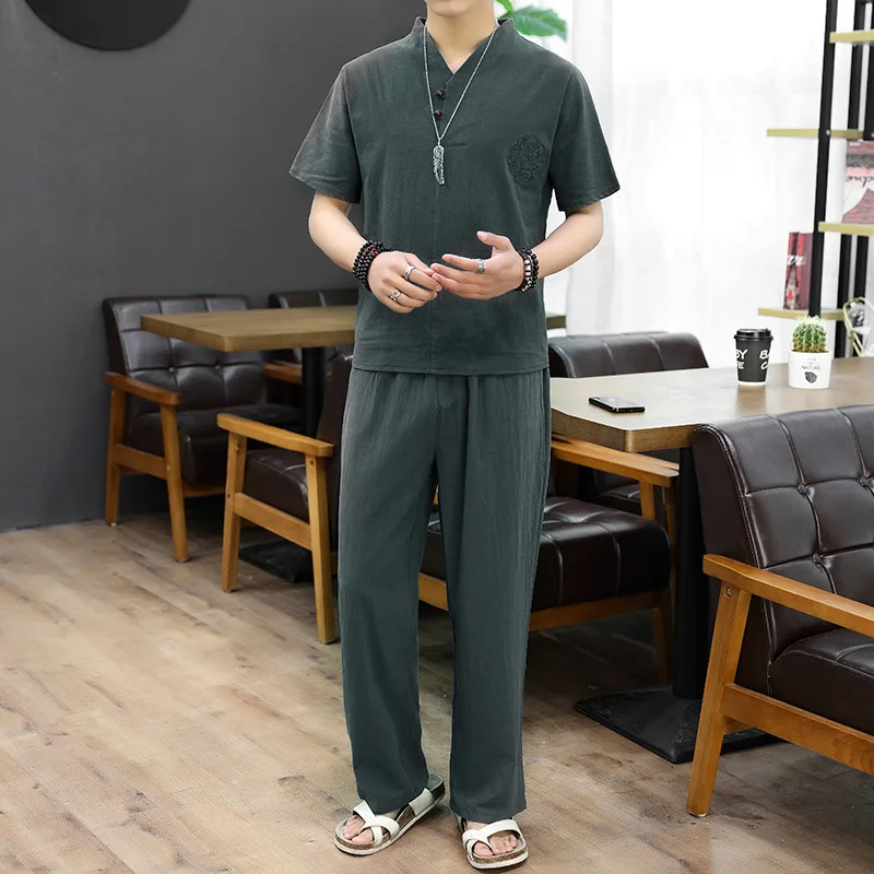 Linen Short-SleeveTT-shirt Suit Chinese Style for Men Retro Ethnic Style Cotton and Linen T-shirt Trousers Two-Piece Set Large S