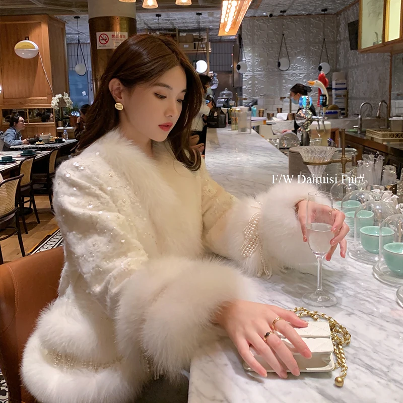 

Luxury Princess Party Real Fox Fur Coat Fashion Sequins Beading Woolen Jacket Women's Winter Fur Wool Coats NQ31