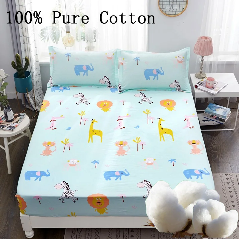 

100% Purecotton Fitted Sheet Cartoon Flowers Non Slip Matress Protector Cover With Elastic Band Soft Bedspread Bedsheet Size Set