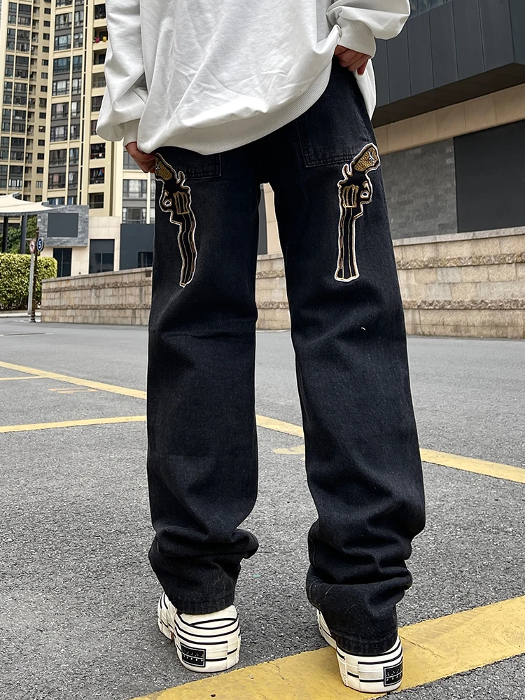 Men's Jeans Solid Color Y2k Retro Pistol Embroidery Large -sized Men and Female Denim Trousers Street Clothing Trend Ins Hotel