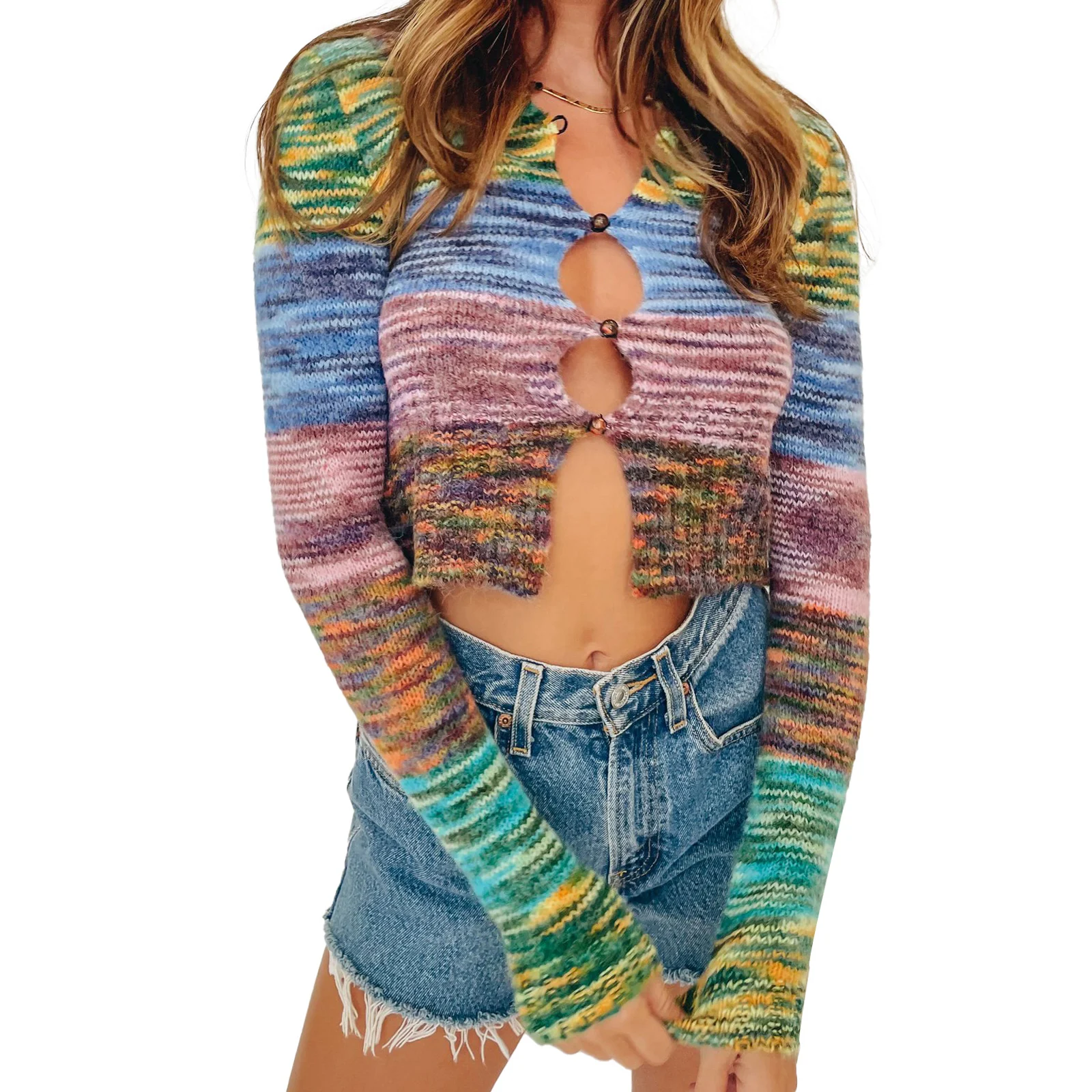 

Women Short Cardigans Long Sleeve Knitted Tie-Dye Buttons Hollow Lapel Crop Shirts Streetwear Ladies Spring/Fall Navel Tops