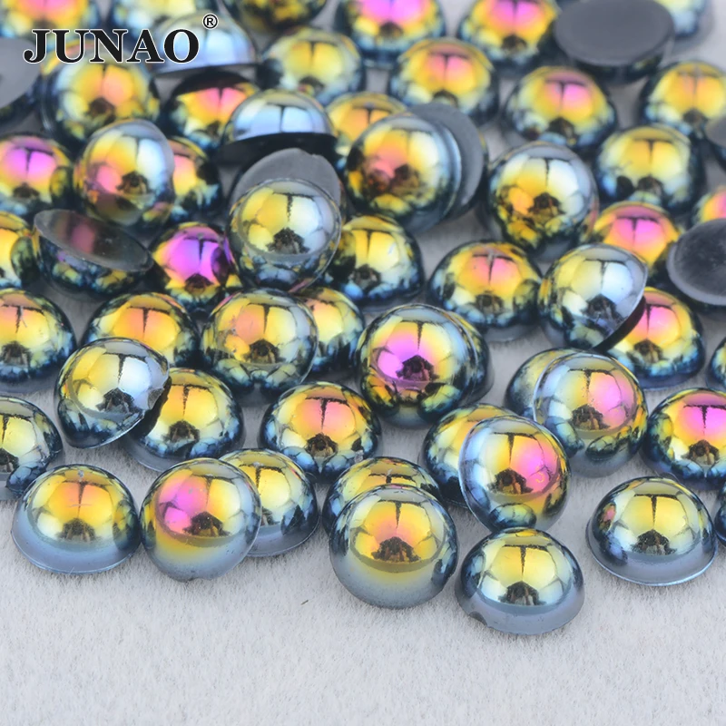

JUNAO 2 4 6 8 10 12 14mm Glitter Black AB Half Round Imitation Pearls Loose Beads Gems For Garment Decoration Accessories