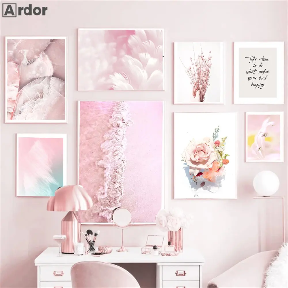 

Fashion Pink Rose Flower Shell Feather Quotes Wall Art Canvas Painting Nordic Waves Posters and Prints Picture Living Room Decor