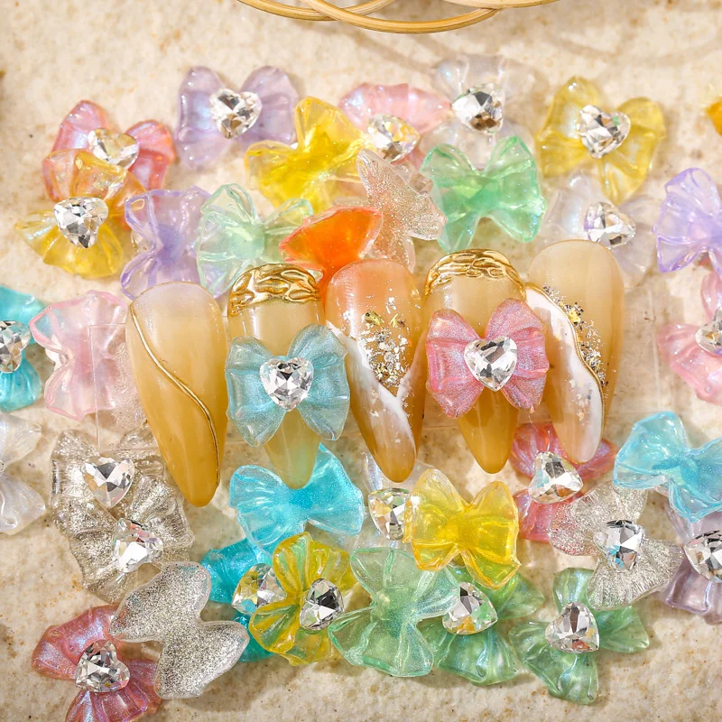 

10pcs Nail Resin Parts Crystal Charms Heart Bow Gems Diamond Jewelry For Nail Art Decorations Bowknot Rhinestone Press On Nails