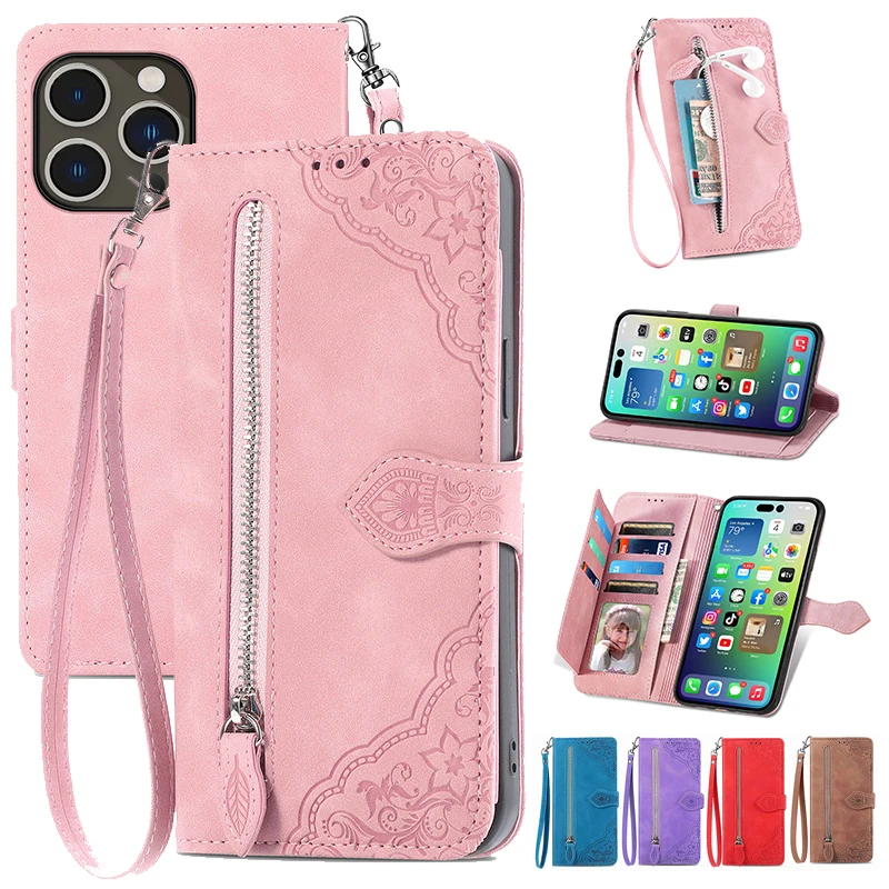 

Lanyard Flip Leather Case for iPhone 14 14Plus 14Promax 13 12 12pro 12mini 11 Xsmax XR 7 8Plus 6s Zipper Wallet Multi Card Cover