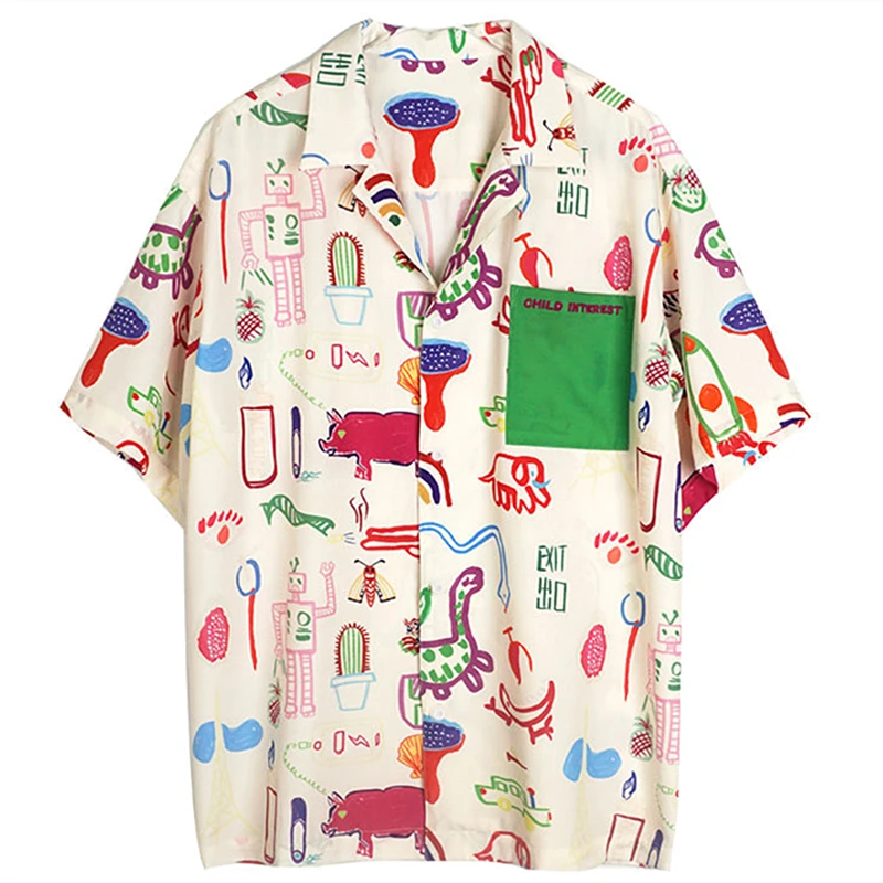 

Ретро граффити сказочная мультяшная Милая рубашка на пуговицах Элегантная блузка с отложным воротником кавайная унисекс парная Летняя Пляжная мода