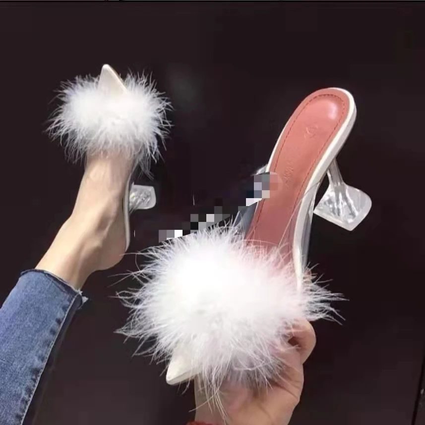 

Женские босоножки из кроличьего меха на высоком каблуке, большие размеры