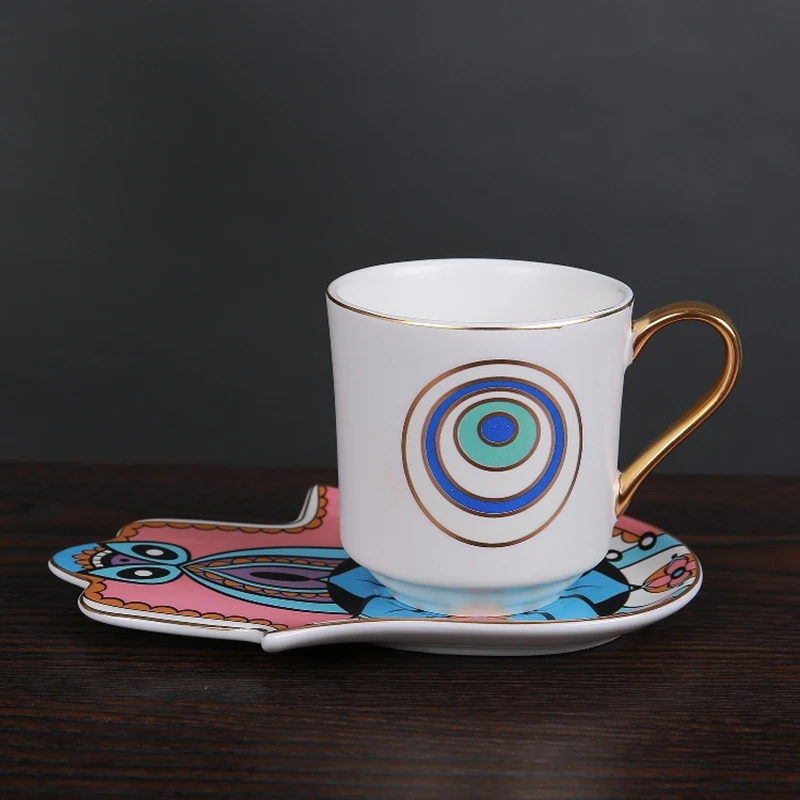 

Turkish Tea Set Coffee Cup and Saucer Set Devil's Eye Hamsa Hand Dish European Retro Hanging Ear Creative Ceramic Cup Gift