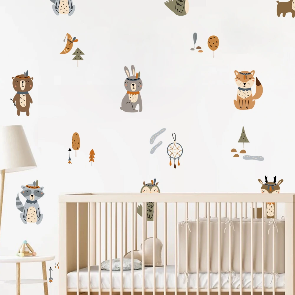 

Cartoon Fox Owl Deer Bear Woodland Tribal Animals Bohemian Wall Stickers for Baby Kids Room Decoration Vinyl Nursery Wall Decal