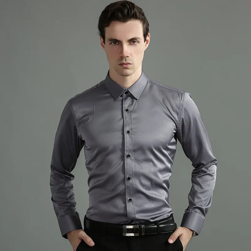 Stretch Slim Fit Solid Color Mens Shirts Long Sleeve Shirts Casual Business Work Men Shirt Korean Clothes Camisas Para Hombre