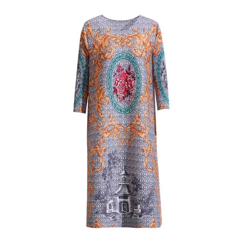 

Женское плиссированное платье Miyake, свободное платье большого размера с принтом, круглым вырезом и длинным рукавом, с блестками, весна-лето ...