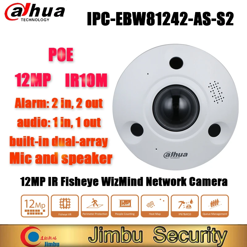 

Dahua 12MP POE IPtv IPC-EBW81242-AS-S2 IR10M Alarm 2 In 2 Out Mic and Speaker Fisheye WizMind IP Camera Original English Version