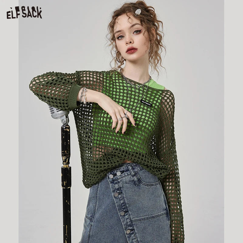 ELFSACK Two Piece Set Vest and Hollow Knitwears Women 2023 Spring Long Sleeve Loose Basic Tops