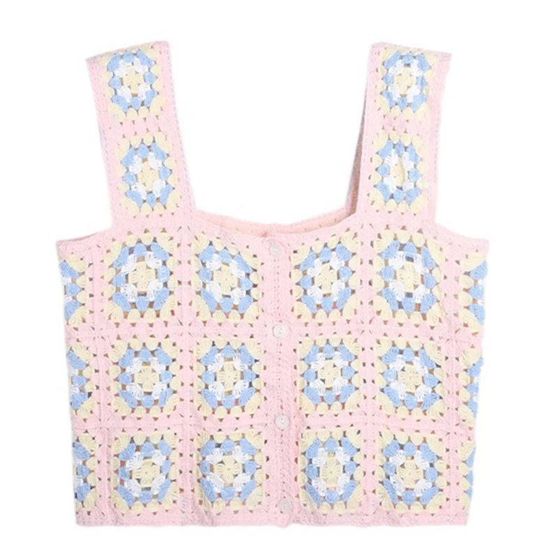 

Женский вязаный крючком кроп-топ без рукавов, цветной клетчатый вязаный свитер с квадратным вырезом и пуговицами, жилет, однобортный Кардиган, жилет