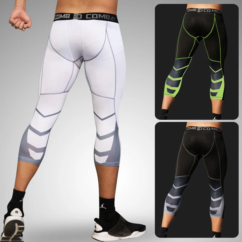 

Men's Sports 3/4 Cropped Pants Gym Running Leggings Male Joggings Elastic Compressions Sweatpant Football Basketball Trousers