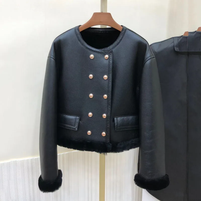 

Женское зимнее пальто из натуральной овечьей шерсти, двубортное короткое пальто с круглым вырезом и воротником, теплая толстая одежда, новинка 2023