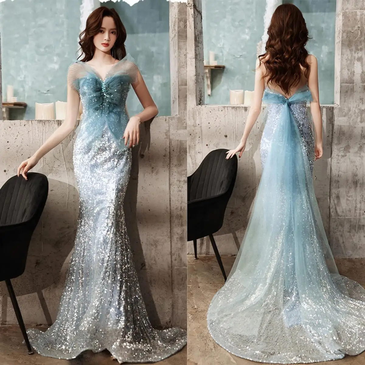 

14234#IENA Elegant Starry Green Sequniend Mermaid Dress Satin Illusion Train Maxi Evening Dresses Party Cocktail Dress Prom Gown