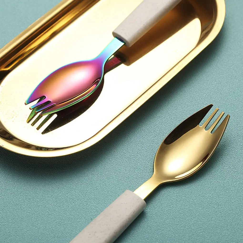 

2 in 1 Soup Salad Spork Wheat Straw Material Handle Stainless Steel Spoon Home Tableware Dinnerware