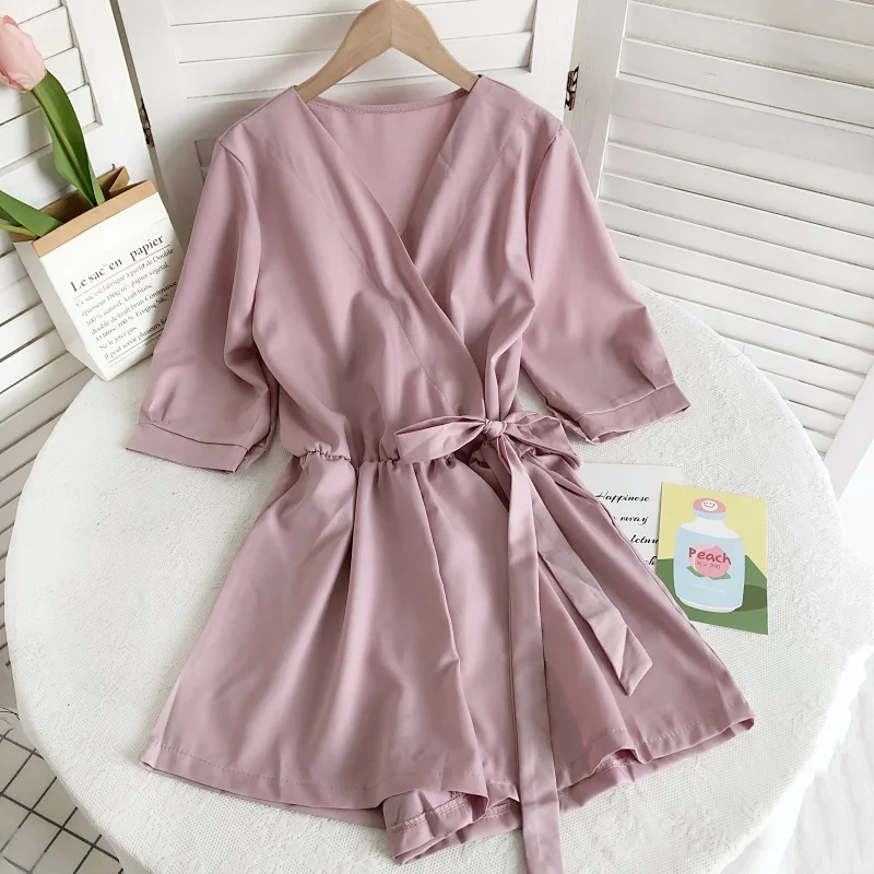 

Jumpsuit Summer Korean V-neck loose short-sleeved straps romper high waist wide-leg shorts jumpsuit women Rompers&Playsuits