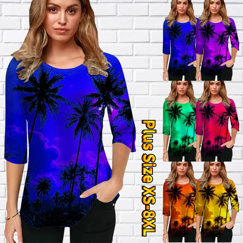 

Женская футболка с принтом кокосового дерева, повседневный Свободный пуловер с круглым вырезом и рукавом до локтя, Осень-зима 2022