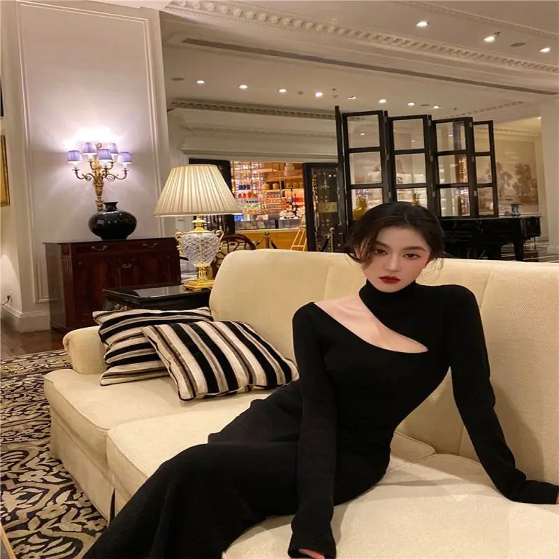 

Black Sexy Off Shoulder Dress Women Vintage Elegant Highneck All Match Long Sleeve Bodycon Dresses Femme Party Date robe