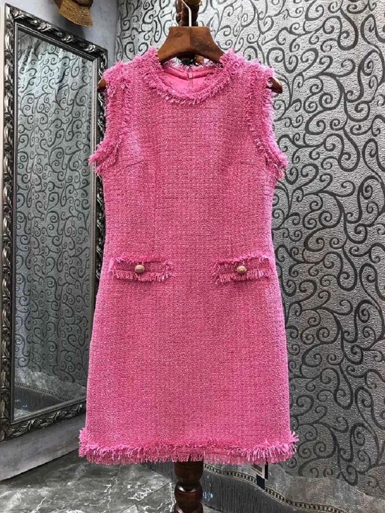 

High Quality New 2022 Autumn Winter Wool Dress Women Button Deco Sleeveless Pink Tassel Wool Pink Dress Lady Casual Basic Dress