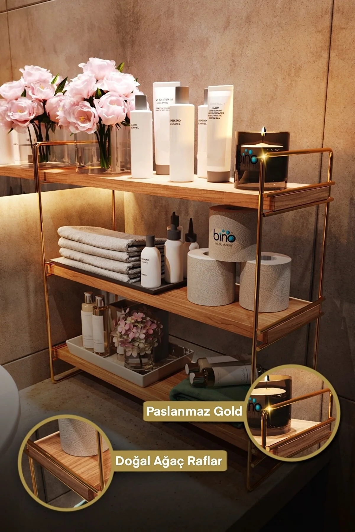 Bino Table Top Organizer Rack Kitchen Bathroom Bookshelf Solid Wood Product Stainless Coating Gold Series Home Appliance