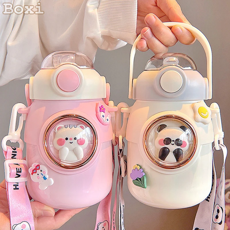 

700ml Cute Cartoon Thermos With Straw Bottle Kids Stainless Steel Flask Big Belly Water Cup Portable School Insulation Thermal