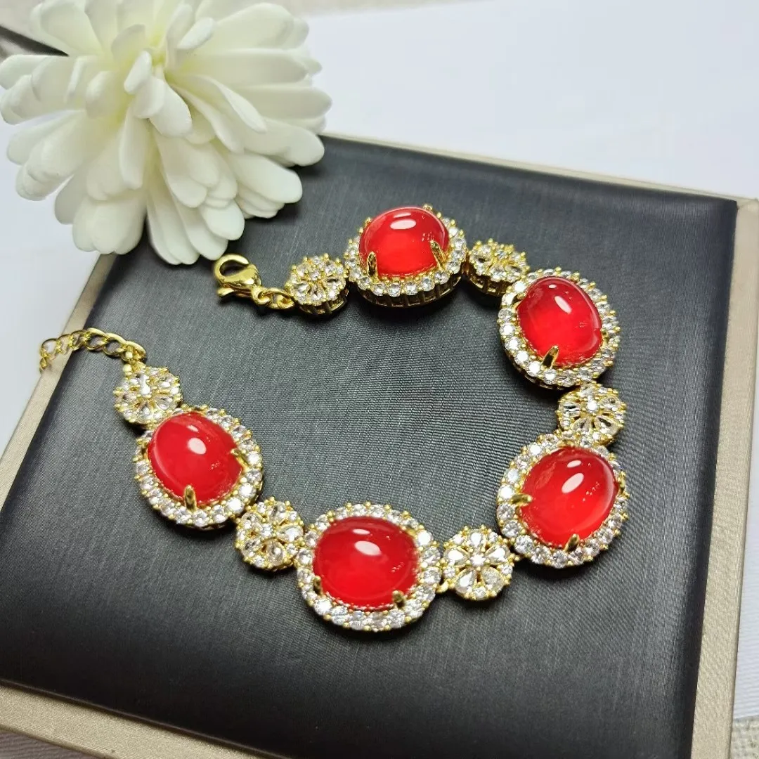 

Браслет из натурального красного нефрита с инкрустацией из белого циркония, инкрустированный Мьянмой нефритом, Роскошные браслеты из драгоценных камней, браслет, женское Ювелирное Украшение, подарки