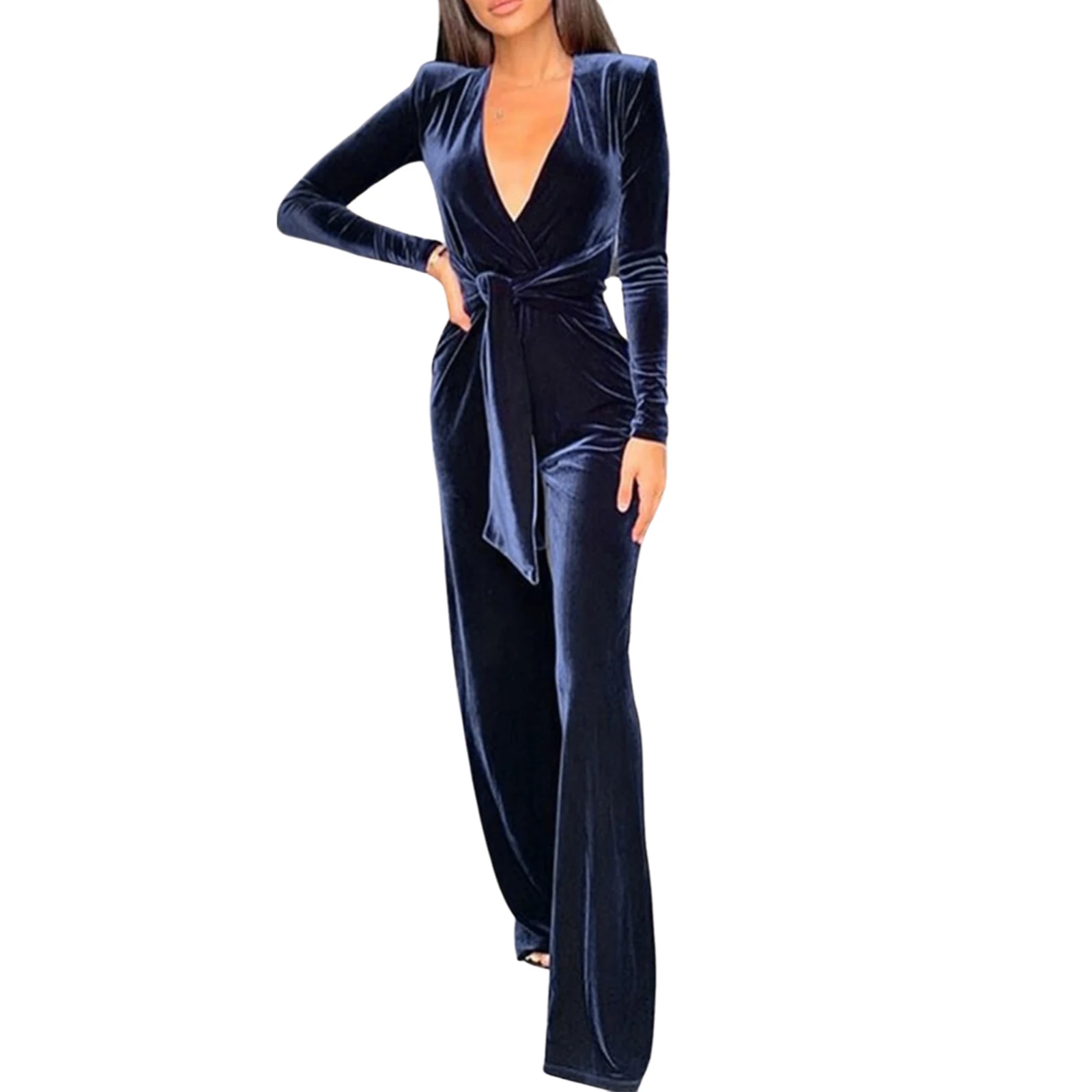 

Ladies Sexy Deep V Bandage Slim High Waist Jumpsuit Velvet High Waist Solid Color Work Casual Street Autumn Wide Leg Jumpsuit