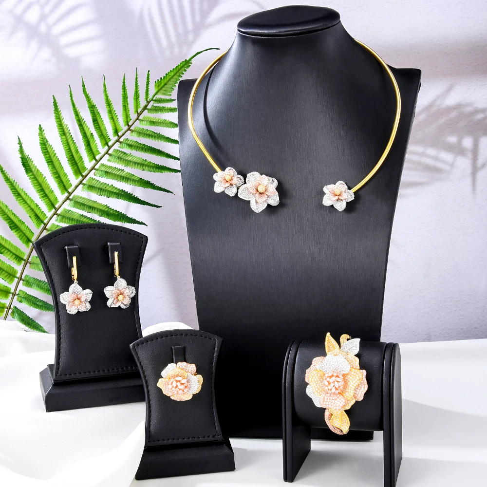 

Kellybola New Romantic Sweet Luxury Necklace Bracelet Earrings Ring 4PCS Dress Wedding Bride Jewelry Set for Women Daily Party