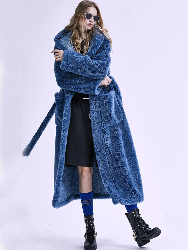 Winter Fashion Thick Warm Blue Long Hooded Fur Coat for Women Elegant Plush Overcoat Ladies Red Faux Fur Jacket Outerwear