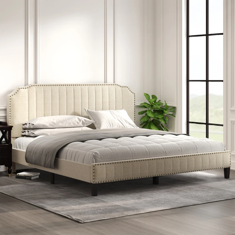 

Modern Simple Modern Linen Curved Upholstered Platform Bed , Solid Wood Frame , Nailhead Trim (King) for Beding Room Indoor Home