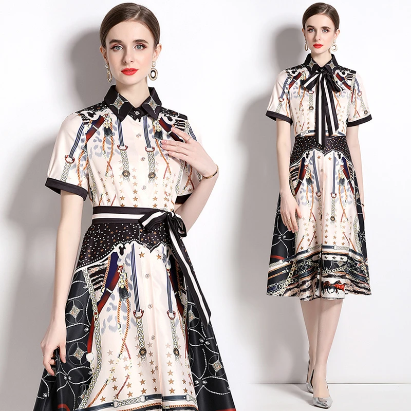 

Платье-рубашка женское с коротким рукавом, модное офисное платье в европейском и американском стиле с принтом звезд и цепочек, с отложным во...