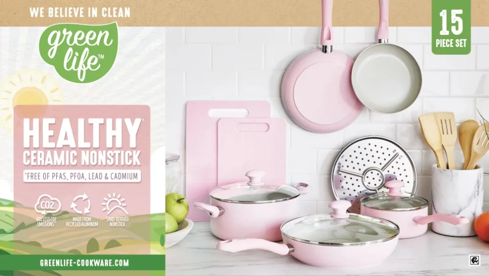 Ceramic Nonstick Pink 15pc Set Cookware  Non Stick  Kitchen  Cooking Pots