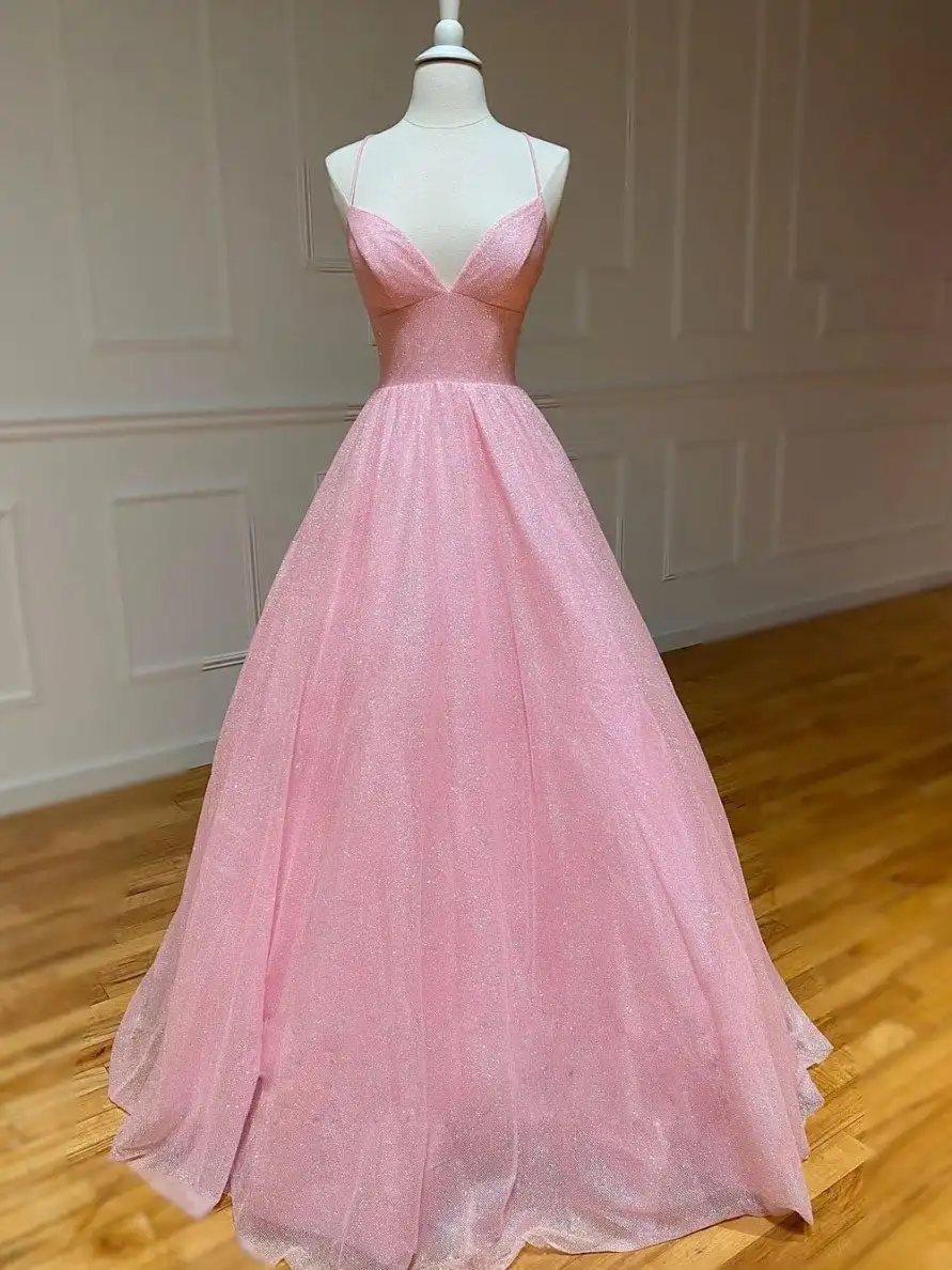 

Женское длинное вечернее платье, розовое платье трапециевидной формы на тонких бретельках, с V-образным вырезом, без рукавов, длиной до пола, для выпускного вечера