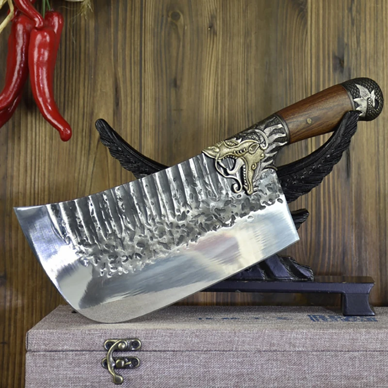 

Longquan Kitchen Knife Copper Decor Handmade Forged 8.5 Inch Machete Cleaver Chopper Hatchet Butcher Knife Meat Poultry Tools