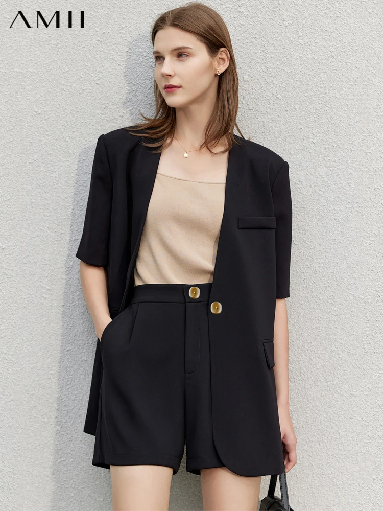 Amii минималистичный Весенний костюм женский Блейзер пальто однотонные шорты с