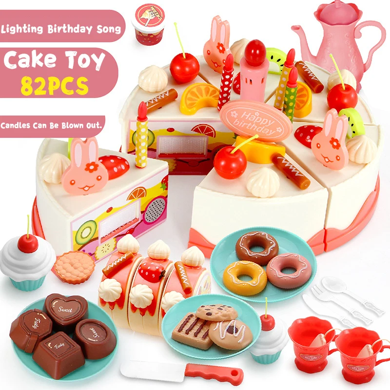 

Girls DIY Pretend Play Toy Set Simulation Birthday Cake Tea Food With Lighting Music Educational Game Kitchen Toys for Kids Gift