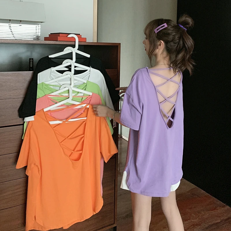 

Женская футболка с коротким рукавом, Повседневная Свободная длинная футболка с открытой спиной и перекрестными бретелями, в Корейском стил...