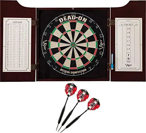 

Hudson All-in-One Dart Center Classic Solid Wood Cabinet & Official Sisal/Bristle Dartboard Bundle with Steel-Tip Dart Set,