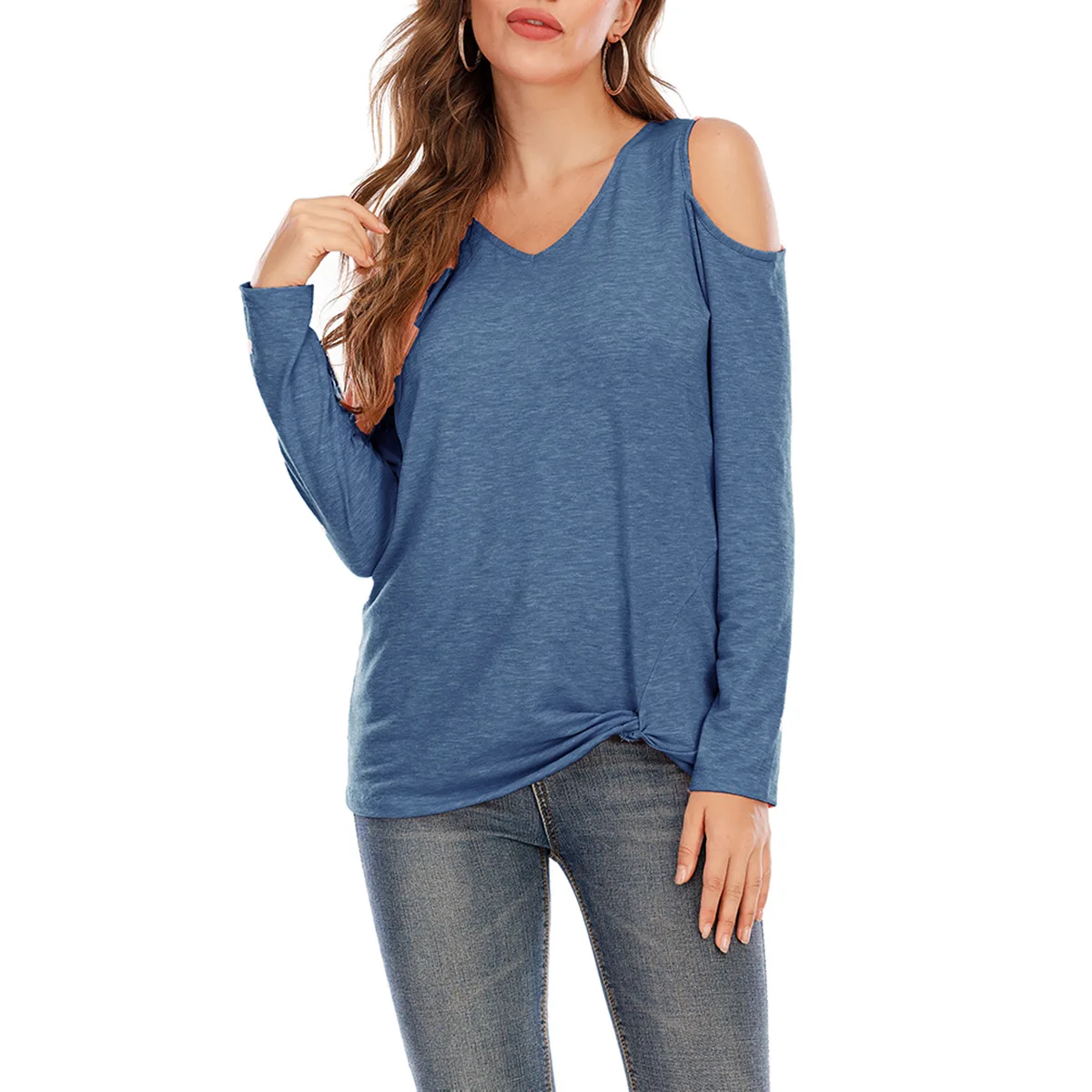 

Strapless long-sleeved V-neck t-shirt solid color shirt BLACK