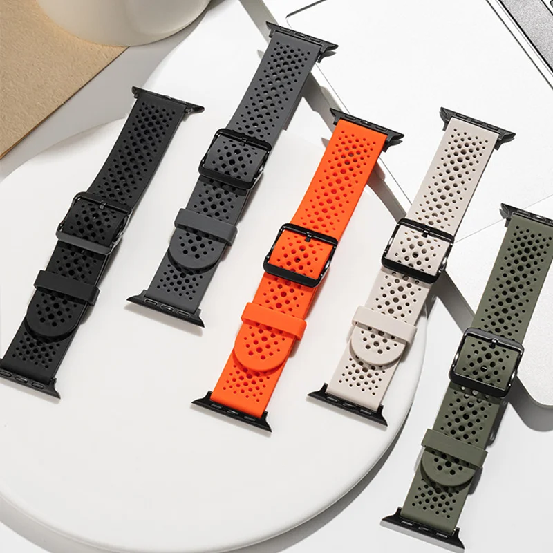 Фото Силиконовый ремешок для Apple Watch 44 мм, 45, 40, 41, 42, 46, 49 мм, спортивный ремешок для iWatch серий 11, 10, 8, 7, 6, 5, SE, 9, Ultra, 3, аксессуары №2