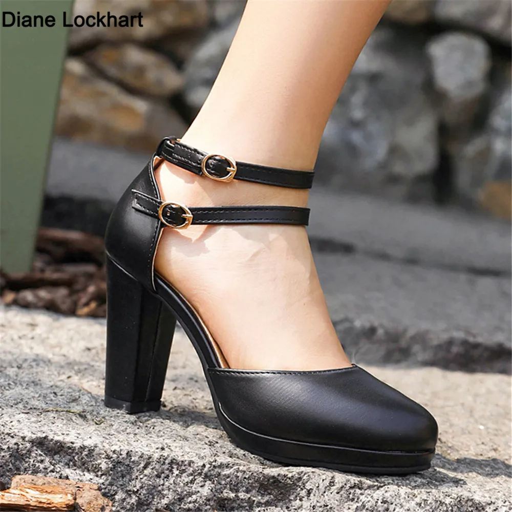 

Spring Round Toe Hight Heels Woman T-straps Mary Jane Shoes PU Leather British Style Buckle Pumps Ladies Elegant Footwear New