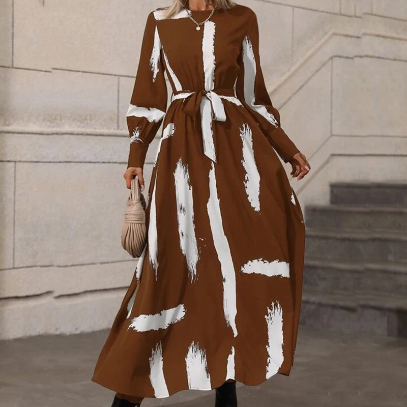 

Vintage Print Long Sleeve Loose Maxi Dress Women O Neck Lace-up Belted Party Dress 2023 Spring Autumn Bohemian Long Loose Dress