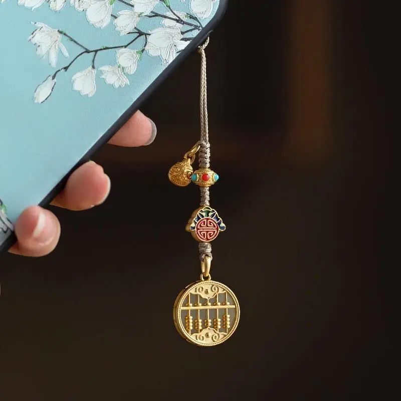 

Pure silver ancient gold inlaid with Hotan Jade mobile phone chain lanyard wishful thinking board gold swallow animal pendant