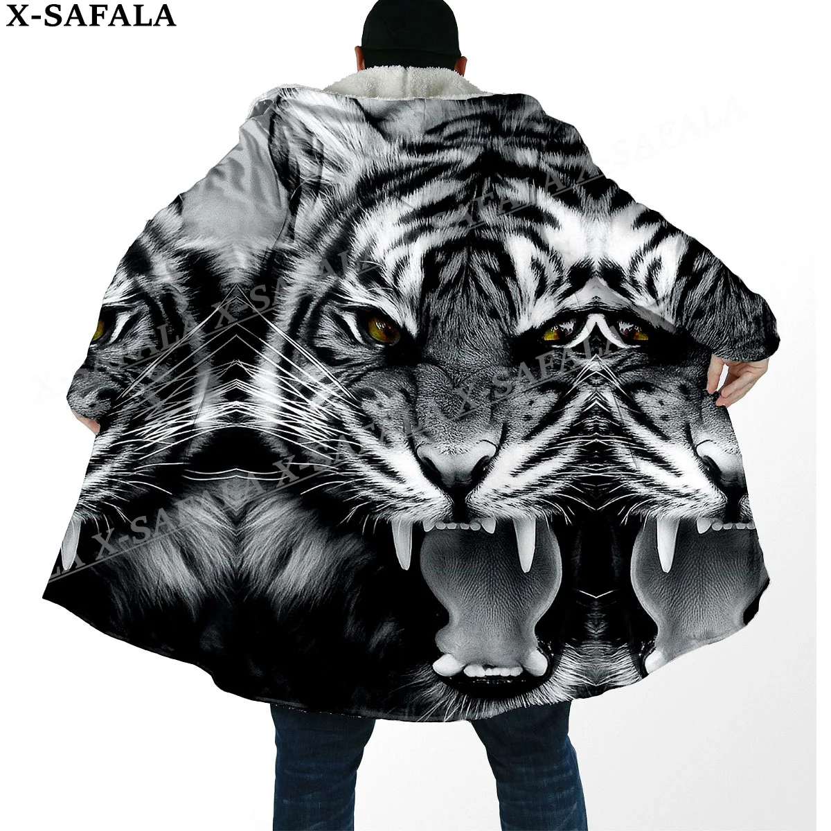 Mythology Tiger The King Spirit Thick Warm Hooded Cloak Men Overcoat Coat Windproof Fleece Cape Robe Blanket-65