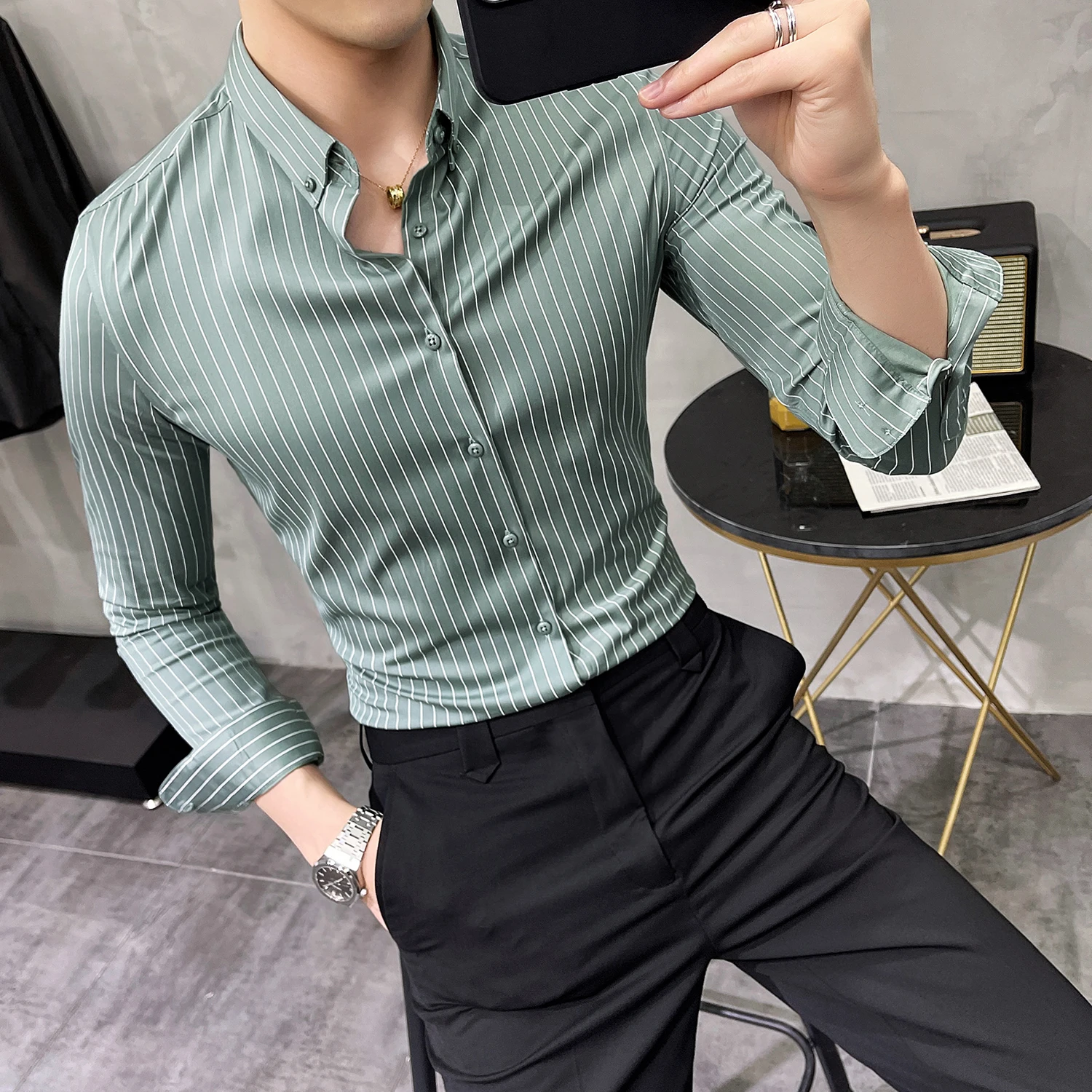 

British Style Striped Shirts Mens Long Sleeve Business Formal Dress Shirt Casual Slim Fit Shirt Streetwear Social Party Clothing