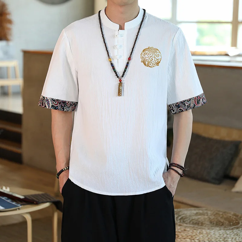 

2022 летняя Мужская хлопковая футболка Hanfu в китайском стиле с коротким рукавом, футболка кунг-фу тайчи, топы, Zen Tea Art Qipao, рубашка,