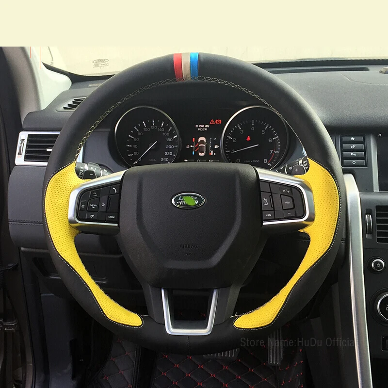 

DIY Black Yellow Leather Car Steering Wheel Cover For Land Rover Freelander Discovery 4 5 Range Rover Evoque Car Accessories